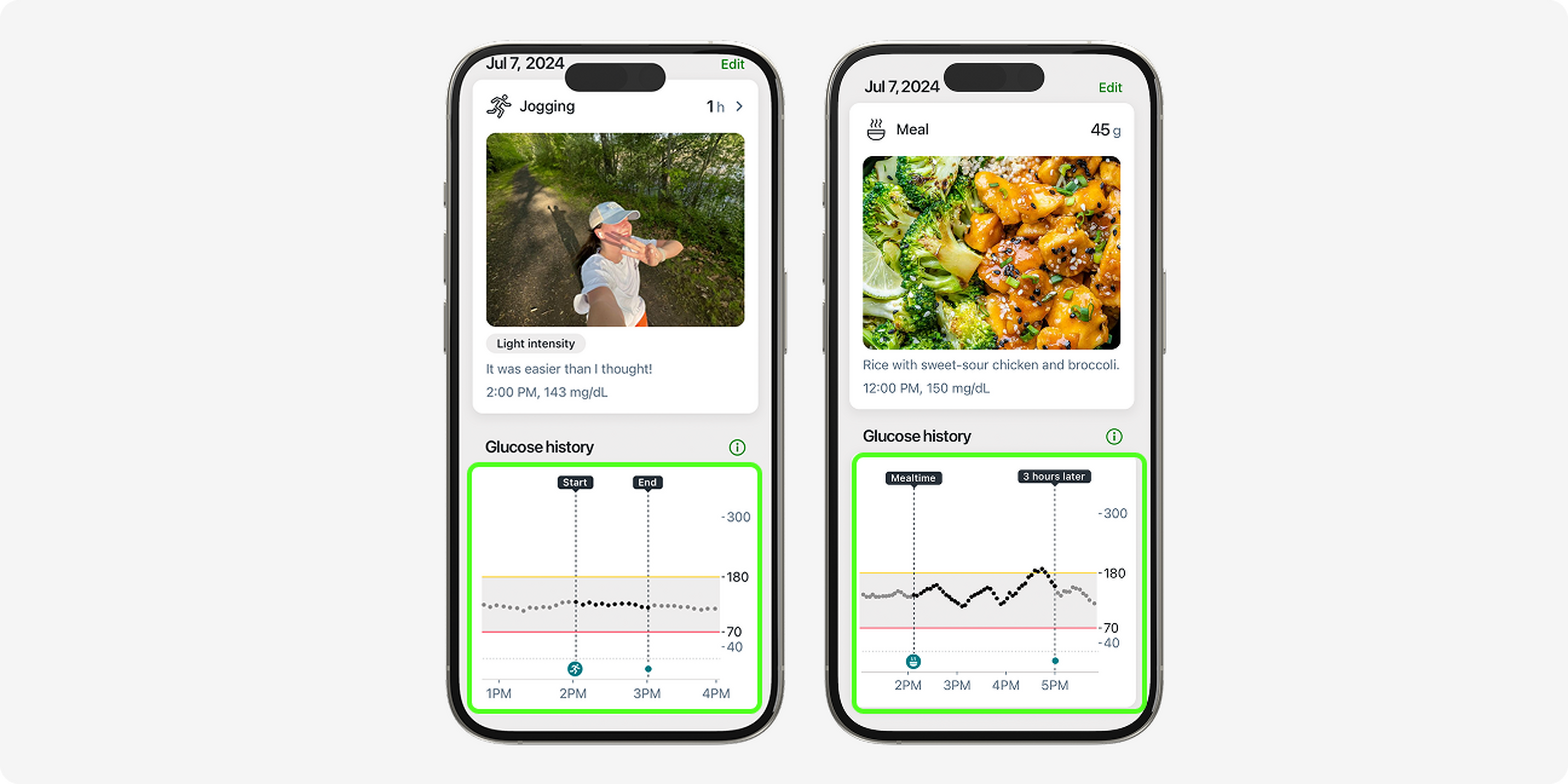Glucose history section of each event in the Dexcom App - Smart Devices sold separately*